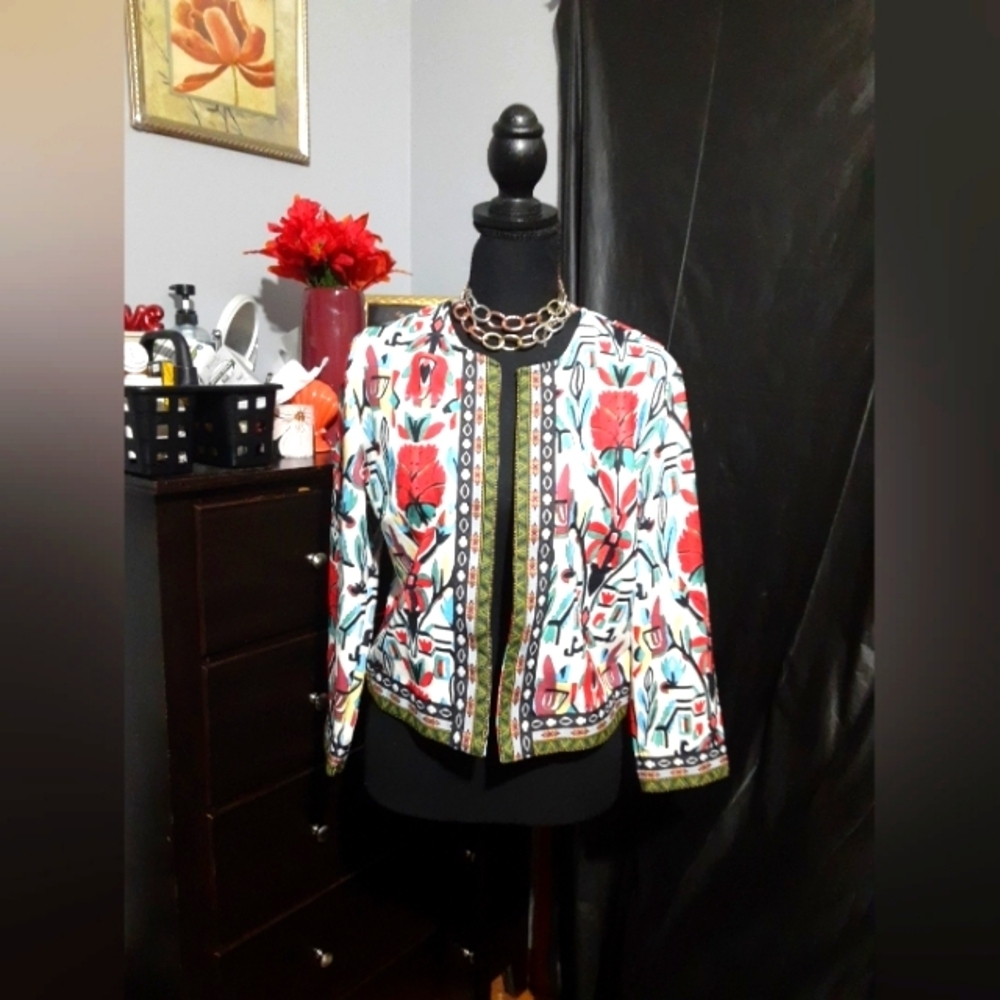 Shein Women's Short  Blazer Jacket Loud Multicolor Flower Print Size L Fairy